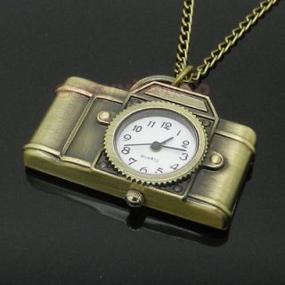 Bronze Retro Camera Necklace Pendant Quartz Pocket Watch Chain Womens