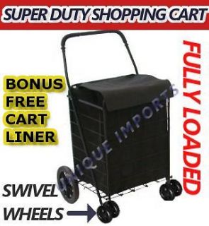 Jumbo Folding Shopping Cart W/ BLACK LINER Swivel Wheels EXTRA BASKET