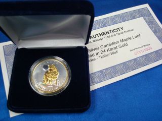 1oz Silver 2011 Canadian Wolf Gilded in 24K Gold with Case and COA