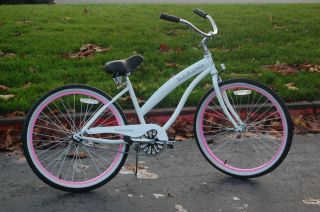 New Girls Beach Bike White Pink Rims Shiny Paint 26 Wheels