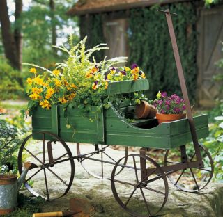 Rolling Country Cart Flower Plant Pot Stand Planter Wheels Yard