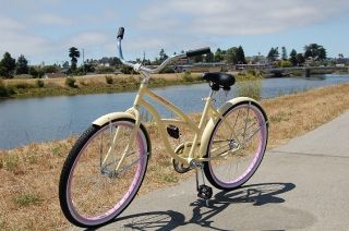 beach cruiser bicycle, vanilla with pink rims, beach bike with fenders