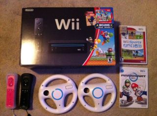 Wii Black Console NTSC w Mario Kart Extra Remote 2 Wheels More