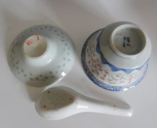 1900s Vintage Chinese Translucent Rice Bowl with Saucer and Spoon Rice