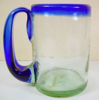 Mexican Glass Handblown Cobalt Blue Rim Beer Mug Stein