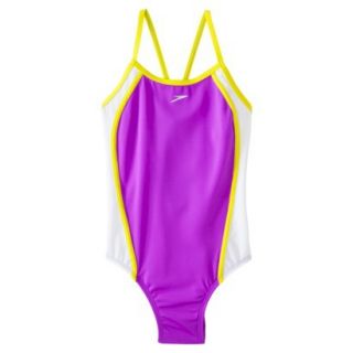 Speedo Girls 1 Piece Racer Back Mesh Splice Swimsuit   Purple 14