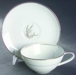 Noritake Sanford Flat Cup & Saucer Set, Fine China Dinnerware   Gray/Black Sprig