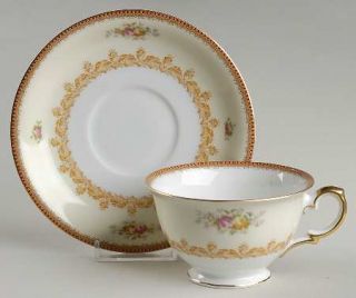 Meito Nassau Footed Cup & Saucer Set, Fine China Dinnerware   Red Border, Floral
