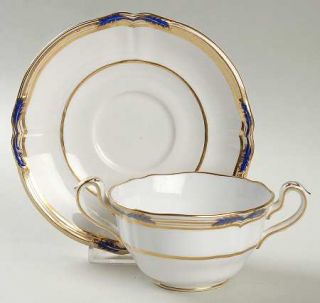 Spode Stafford Blue Leaf Footed Bouillon Cup & Saucer, Fine China Dinnerware   B
