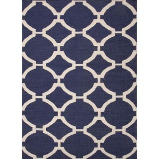 Handmade Flat Weave Geometric Blue Wool Rug (8 X 10)