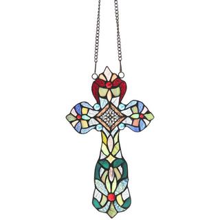 Tiffany Style Cross Design Window Panel (Tones of Blue, Green and Red Art glass Materials: Metal and Art glass Pattern: Cross design Glass: Art glass Dimensions: 13.5 inches tall x 7.9 inches wide x 0.25 inch deep Assembly: Mounting hardware included )