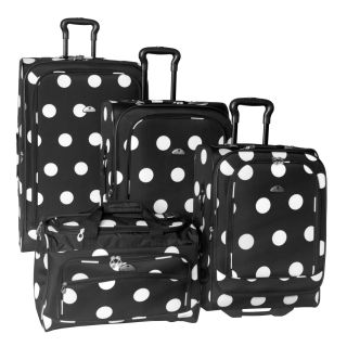 American Flyer Grande Black And White Dots 4 piece Luggage Set (Black and white polka dotMaterials: PolyesterUprights have large pocket outside, mesh pocket in lid and two (2) shoe pocketsWeight: 28 inch upright (10.2 pound), 24 inch upright (8.55 pound),