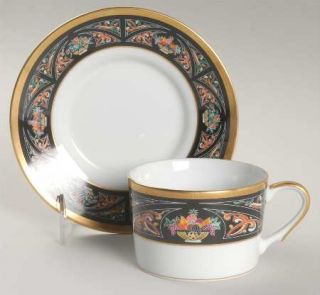 Christian Dior Chambord Flat Cup & Saucer Set, Fine China Dinnerware   Black/Mul
