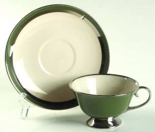 Flintridge Contessa Spanish Green (Plat/Rim) Footed Cup & Saucer Set, Fine China