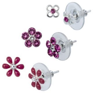 Sterling Silver 3 Pair Set of Flower Earrings   Pink