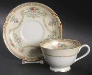 Noritake Chatsworth Footed Cup & Saucer Set, Fine China Dinnerware   Blue/Green