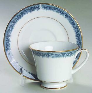 Noritake Edgerow Footed Cup & Saucer Set, Fine China Dinnerware   Blue Leaves &