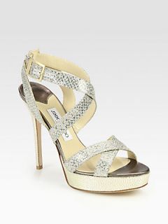 Jimmy Choo Vamp Glitter Coated Leather & Metallic Leather Platform Sandals   Cha