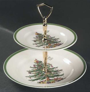 Spode Christmas Tree Green Trim 2 Tiered Serving Tray (Dinner & Salad Plate), Fi