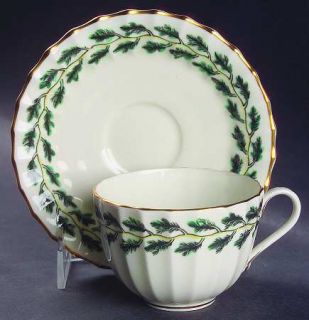 Royal Worcester Royal Oak Flat Cup & Saucer Set, Fine China Dinnerware   Green/B