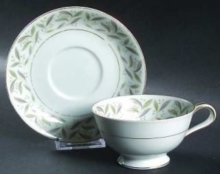 Noritake Carole Footed Cup & Saucer Set, Fine China Dinnerware   Green/Gray Leav