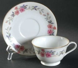 Norleans Trellis Footed Cup & Saucer Set, Fine China Dinnerware   Pink Roses,Blu
