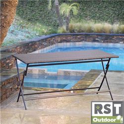 Rst Outdoor Patio Furniture Perfect Folding Table (EspressoMaterials: Powder coated steel, hand woven polyethylene rattan wickerFinish: Espresso Weather resistant Adjustable: NoDimensions: 28 inches high x 59 inches wide x 27 inches deepWeight: 27 poundsA