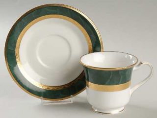 Noritake Fitzgerald Footed Cup & Saucer Set, Fine China Dinnerware   Bone,Green