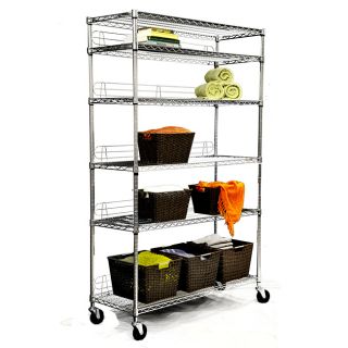 Trinity Nsf 6 tier Chrome Wire Shelving Rack (ChromeMaterials: Chrome plated steel wire, plastic slip sleeves, casters, metal poleFinish: Chrome with lacquerWeight capacity per shelf: 800 poundsDimensions: 77 in. H (with caster) x 48 in. W x 18 in. LWeigh