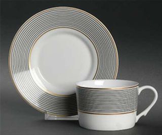 Raynaud Crinoline Black Flat Cup & Saucer Set, Fine China Dinnerware   Gold And