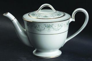 Noritake Noble Teapot & Lid, Fine China Dinnerware   Blue Flowers,Gray Scrolls &