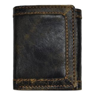 Mens Black Distressed Leather Tri fold Wallet (Black Material: Leather Entry: Fold over closure Bi fold/tri fold: Tri fold Lining: Fabric  Dimensions: 105 mm long x 86 mm wide x 20 mm deep Pockets/Slots/I.D. Window: One (1) divided billfold, nine (9) cred