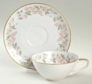 Noritake 5415 Flat Cup & Saucer Set, Fine China Dinnerware   Peach Flowers, Gree