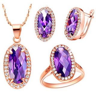 Charming Alloy Gold Plated With Cubic Zirconia Oval Womens Jewelry Set(Necklace,Earrings,Ring)(Red,Purple)