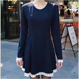 MUH WomenS Clothing Han Edition Lace Draw String Waist Dress(Dark Blue)