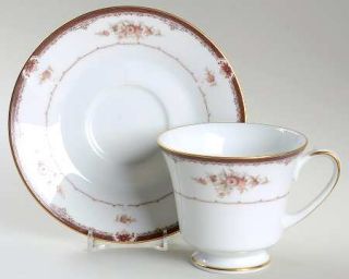 Noritake Bordeaux Footed Cup & Saucer Set, Fine China Dinnerware   Red/Brown Ban
