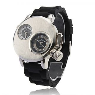 Mens Military Style 2 Time Zones Black Silicone Band Quartz Wrist Watch