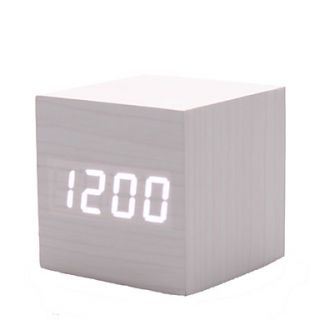 White Wooden Design White Light Desktop Mini Cubic Alarm Clock Calendar Thermometer (USB)