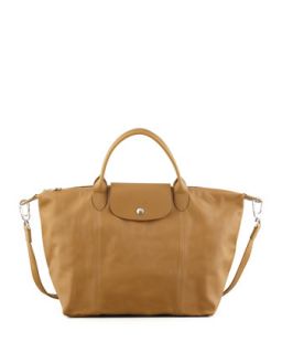 Le Pliage Cuir Medium Handbag with Strap, Yellow   Longchamp
