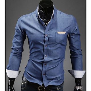 HKWB Casual Long Sleeve Leather Joint Pocket Shirt(Blue)