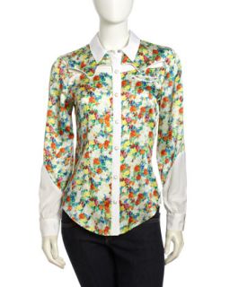 Floral Print Western Shirt, Celadon