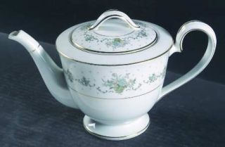 Noritake Allston Teapot & Lid, Fine China Dinnerware   Green Baskets, Gray Scrol