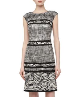 Metallic Paneled Jacquard Dress, Silver/Black