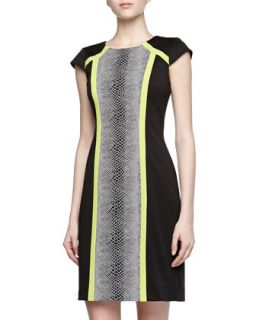 Stretch Pattern Color Block Dress, Black Multi
