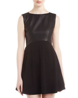 Faux Leather and Ponte Fit and Flare Dress, Black