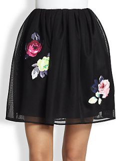 Carven Rose Appliqued Mesh Skirt   Black