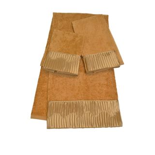 Sherry Kline Vertical Pleats Gold Embellished 3 piece Towel Set (Gold Materials: 100 percent cotton towel/100 percent polyester band Care instructions: Spot clean recommended DimensionsBath towel: 25 inches wide x 48 inches longHand towel: 16 inches wide 