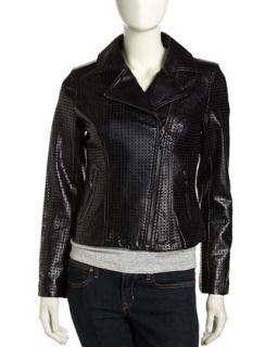 Asymmetric Perforated Faux Leather Moto Jacket, Black