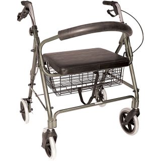Mabis Titanium Lightweight Extra Wide Heavy Duty Aluminum Rollator (TitaniumSize: Extra wideMaterials: Heavy duty aluminumHas a curved padded backrest and a cushioned seatIncludes height adjustable handles and secure bicycle style handbrakesComes with a 2
