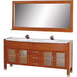 Wyndham Collection Daytona Cherry 71 inch Solid Oak Double Bathroom Vanity (Cherry, white man made stoneNumber of drawers 3Number of doors 4Faucet not includedCabinet dimensions 33 1/2 inches high x 70 3/4 inches wide x 22 inches deepMirror dimensions